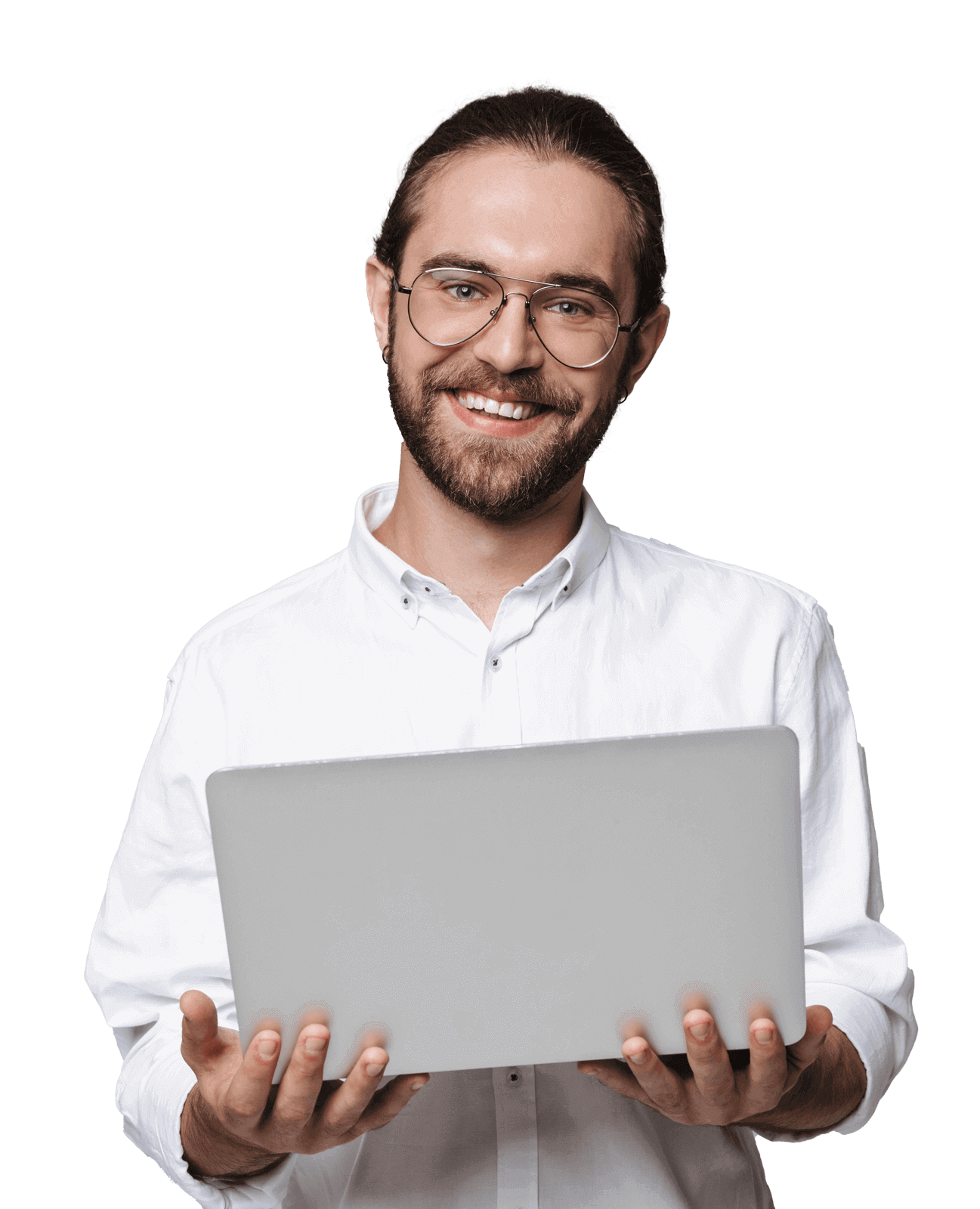 handsome bearded man wearing glasses using laptop 5S2XN88